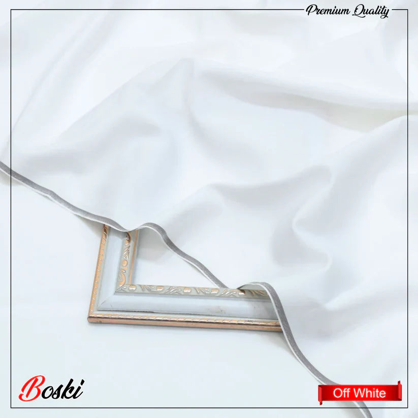 Off white premium quality fabric with silver border draped over decorative frame